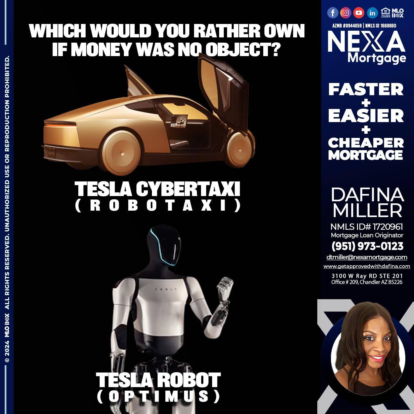 tesla cyber taxy vs tesla robot? - Dafina Miller -Mortgage Loan Originator