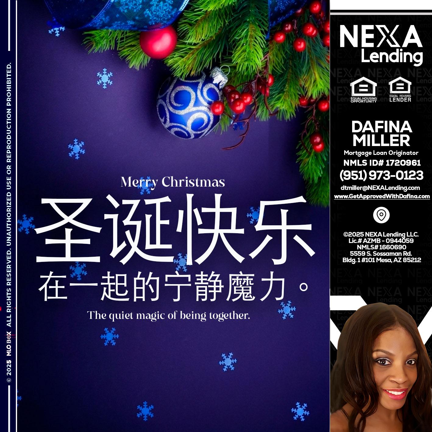 圣诞快乐 在一起的宁静魔力。 - Dafina Miller -Mortgage Loan Originator
